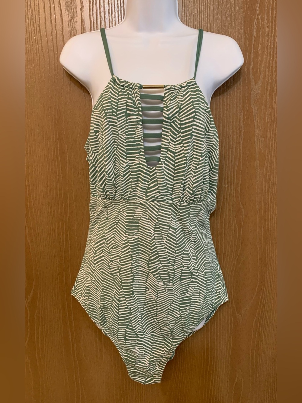 Green Striped One-Piece Swimsuit with Ladder Front